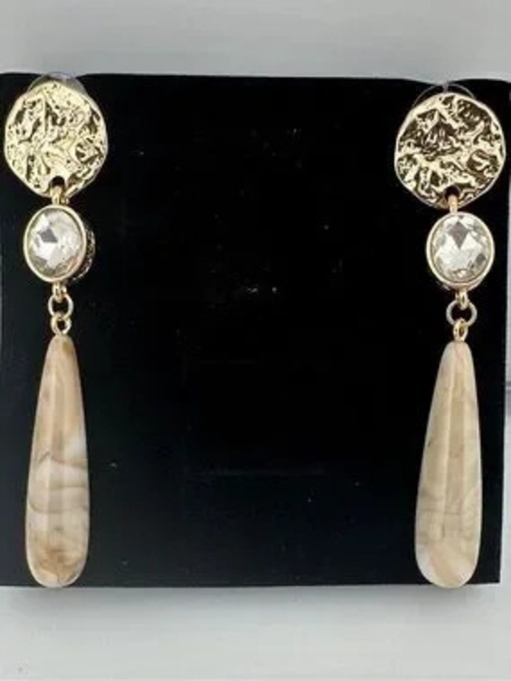 Anthropologie Gold-Tone Earrings with Cream Marbled Drops and Clear Stones